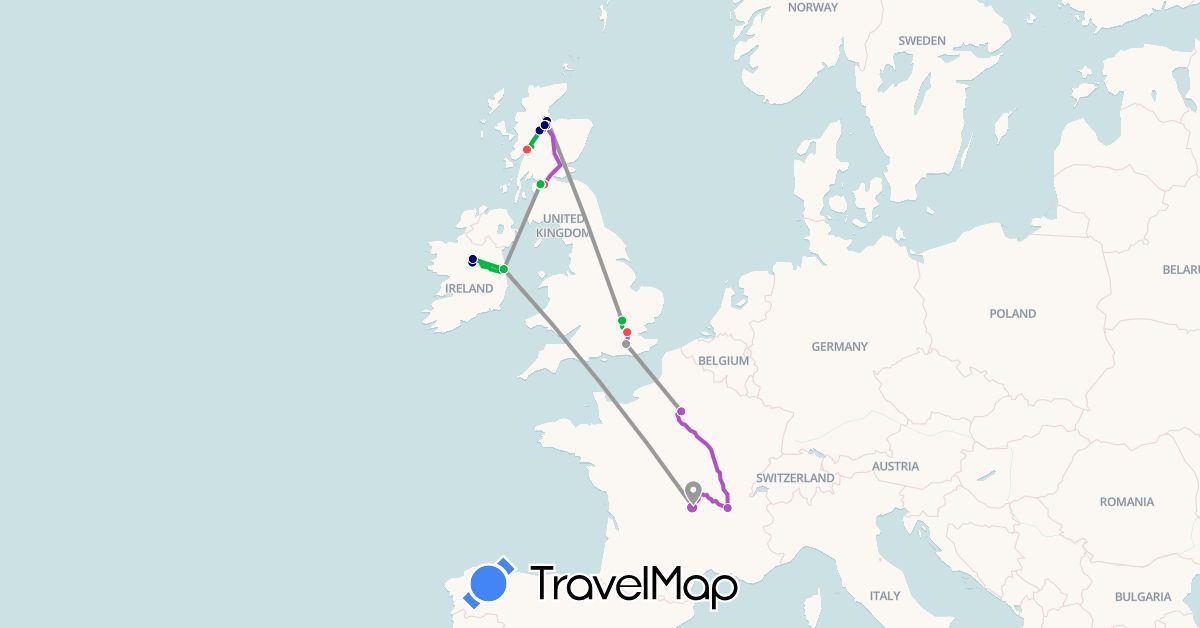 TravelMap itinerary: driving, bus, plane, cycling, train, hiking in France, United Kingdom, Ireland (Europe)